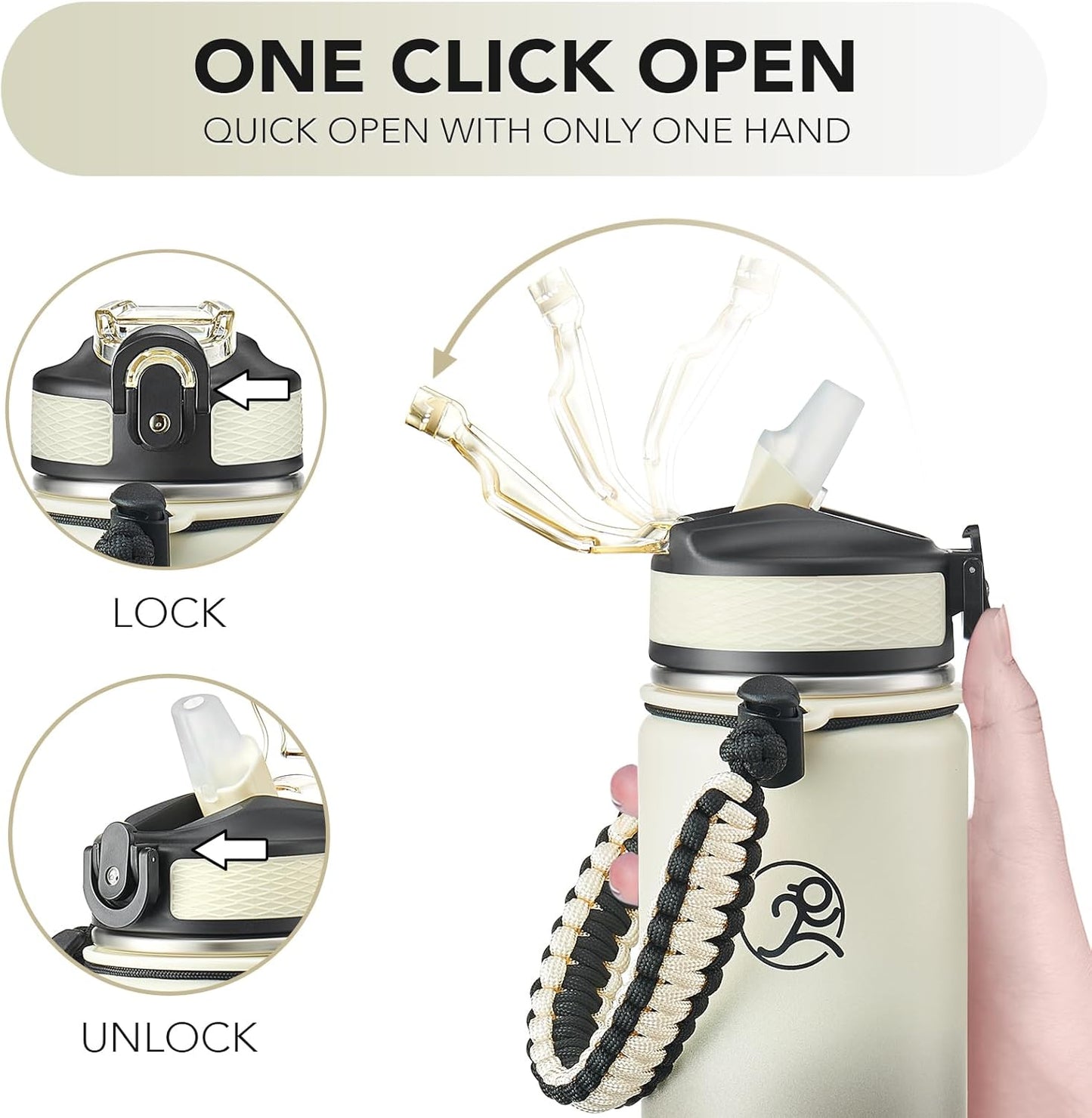 GOSWAG Insulated Sports Water Bottle, 24oz 2 Lids(with Straw/No Straw), Stainless Steel Water Bottles with Paracord Handle, Insulated Bottle with Double-Wall Vacuum Insulation