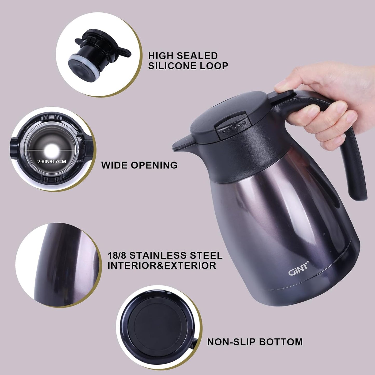GiNT 1L / 34Oz Thermal Coffee Carafe, Insulated Stainless Steel Coffee Carafes for Keeping Hot/Double Walled Vacuum Thermal Carafe (Purple)
