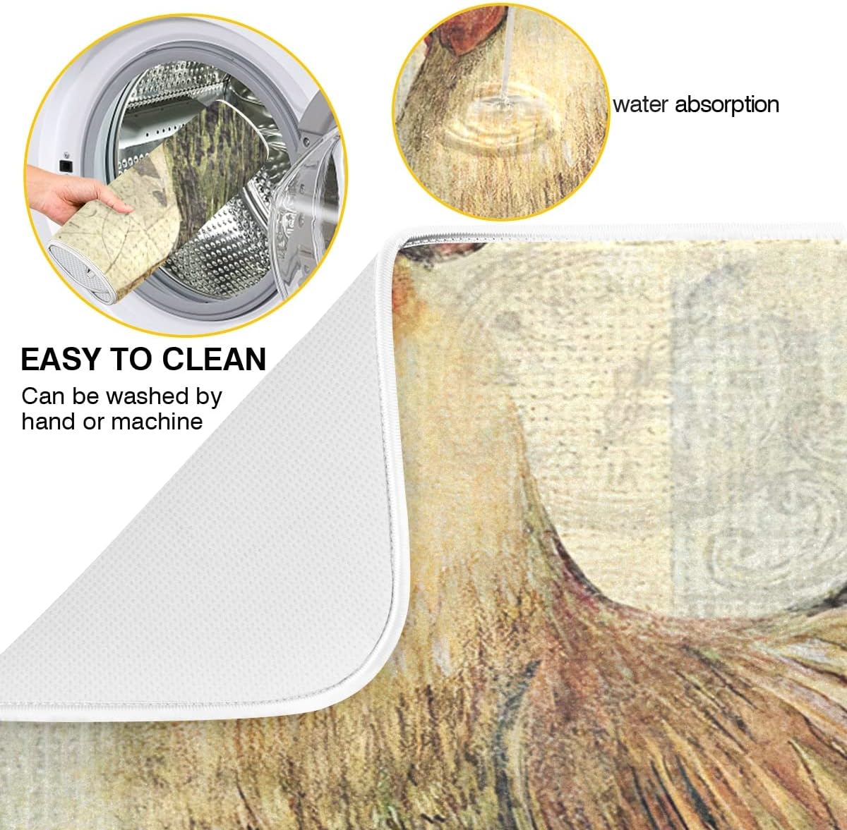 Farmhouse Rooster Dish Drying Mat 18 x 24 Inch with Hanging Loop High Absorbent Reversible Microfiber Dish Drying Pad Dish Rack Pad Drainer Mat for Kitchen Counter Coffee Bar