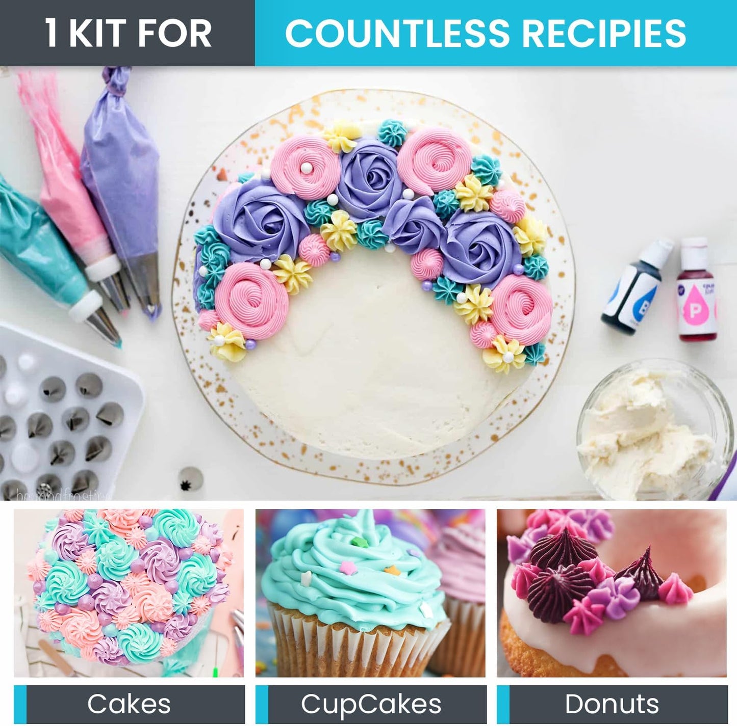 RFAQK 74 PCs Icing Piping Bags and Tips Set, Cake Decorating Kit with 48-Numbered Piping Tips, 20+1 Pastry Bags for Cookie Cupcake Cake Decoration, Cake Decorating Tips Set with Booklet and E-book