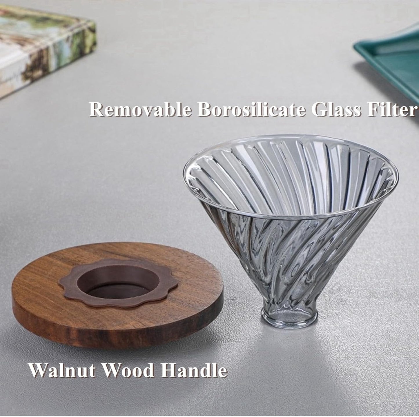 Pour Over Coffee Maker Set 20 oz, 600 ml Borosilicate Glass Coffee Server with Glass Lid, 50 pcs Paper Filter, Walnut Handle Pour Over Coffee Dripper for Home Café Restaurant,Gray