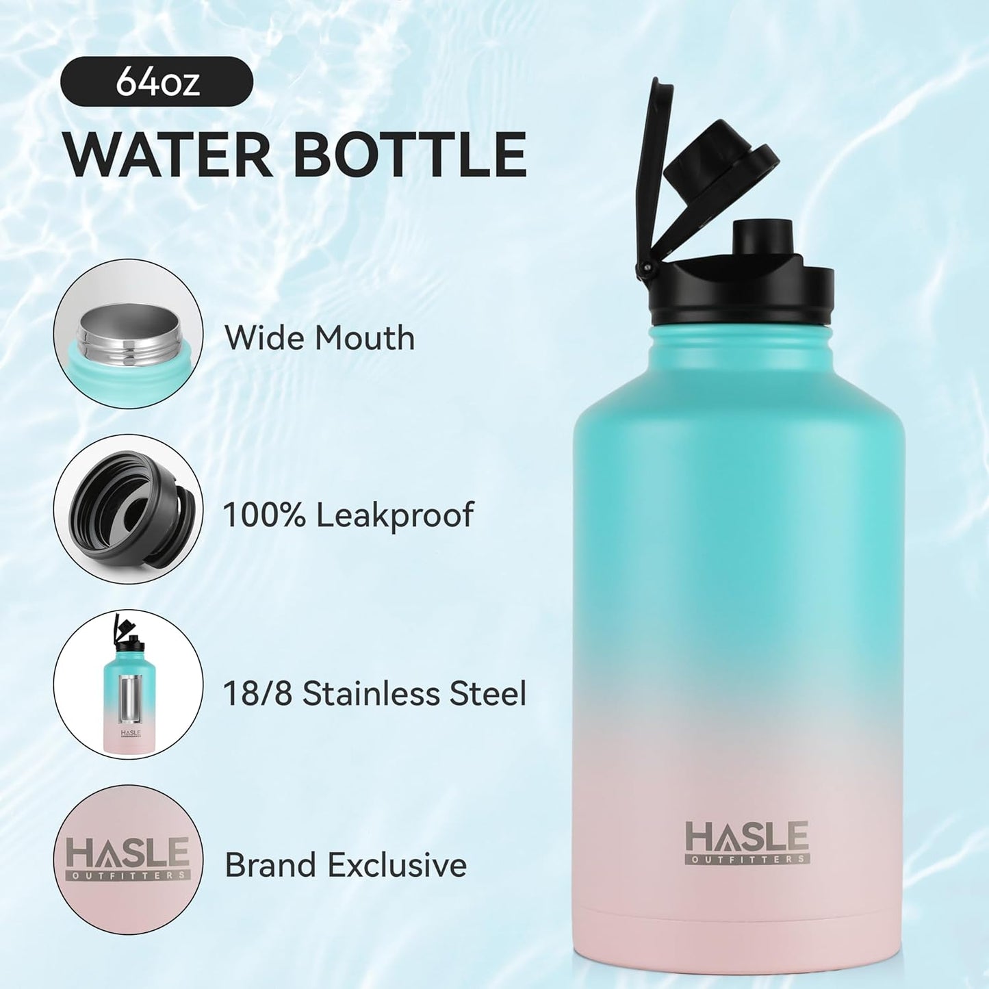 HASLE OUTFITTERS Half Gallon Insulated Water Bottles 64 oz, Stainless Steel Metal Water Jug with 2 Lids Keep Cold 48h/Hot 24h, Leak Proof & BPA-Free Water Flask Jug(Pink Blue Gradient,1)