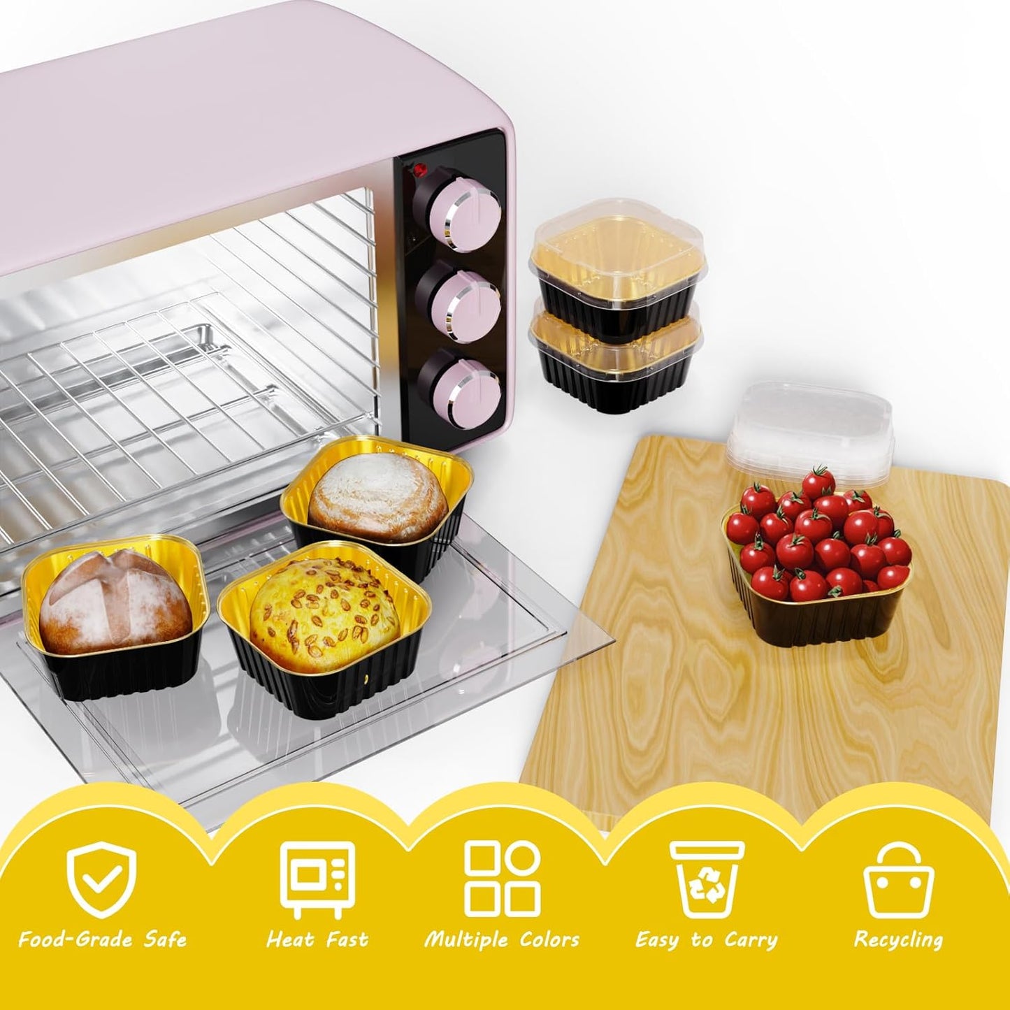 50 Pack Square Mini Cake Pans with Lids,Mini Loaf Pans with Lids,Aluminum Foil Baking Cups,Disposable Ramekins Cupcake Cups,Dessert Cups for Wedding Birthday Party,5oz (Black&Gold)