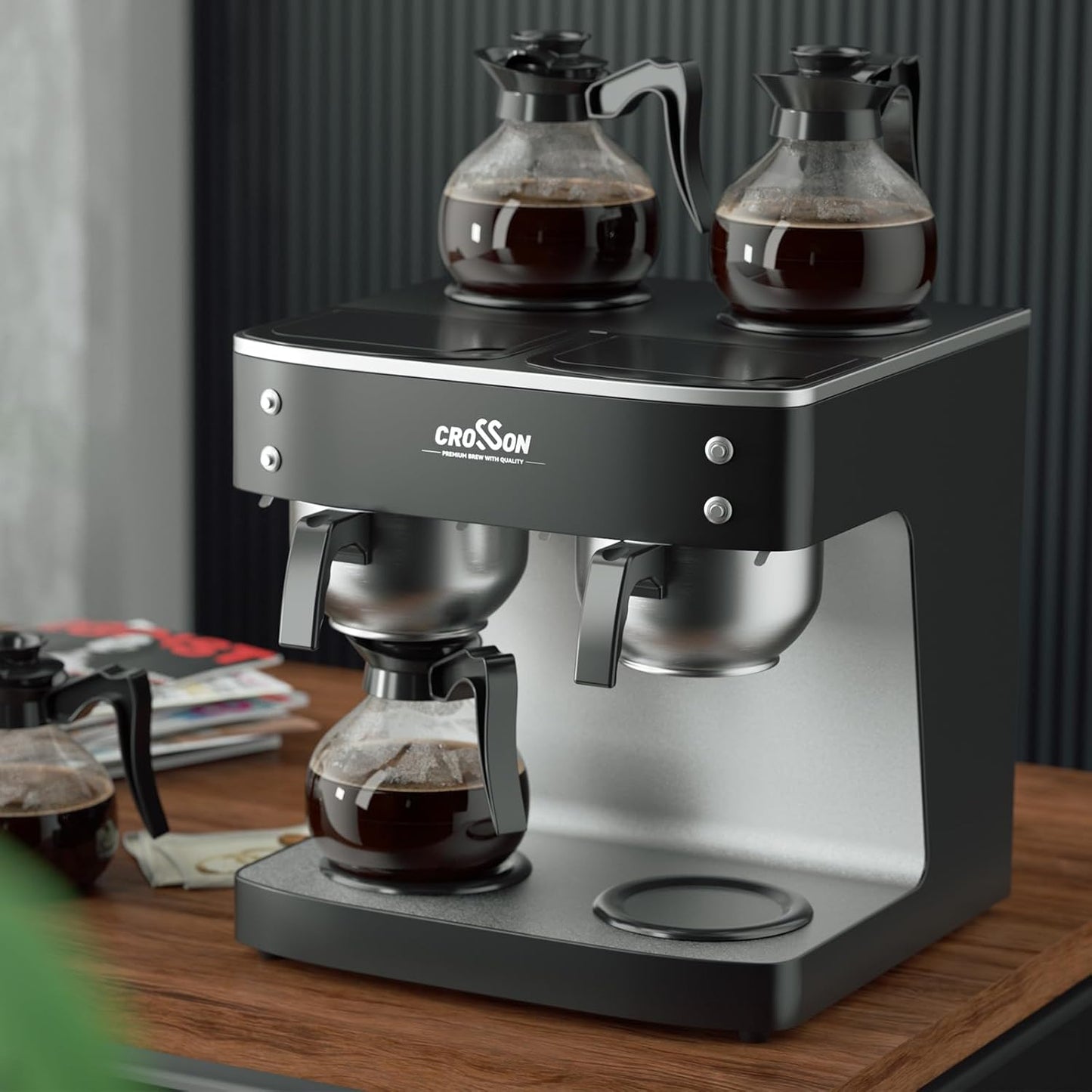 crosson 200 Cup/hour Commercial Drip Coffee Maker, 7.2L Pour Over Coffee Brewer with 4 Glass Decanter&Warmers and Easy Clean Fingerprint Free Housing and 304 Stainless Steel Funnel,