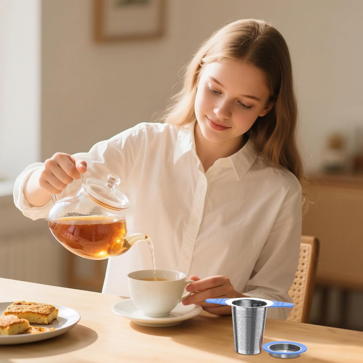 Tea Infuser for Loose Leaf Tea,18/8 Stainless Steel Tea Infuser with Heat Proof Silicone Handles,Extra Fine Mesh Tea Strainers Filter Fine Tea Leaves Effectively,Fits TeaPots/Mugs -Blue
