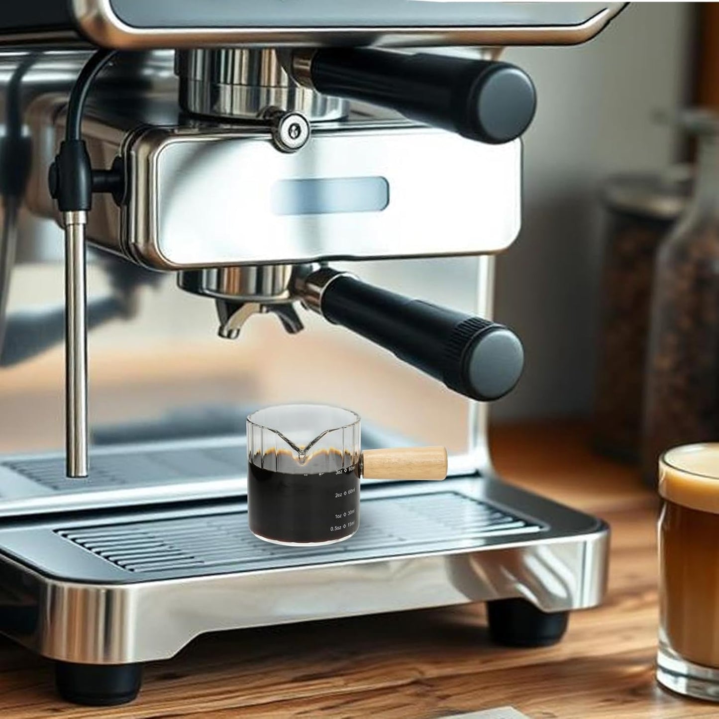 Espresso Cups Set of 2, 4 OZ Espresso Shot Glass with Handle V-Shaped Mouth, Ribbed Milk Frothing Pitcher, Glass Measuring Cup,Cappuccino Cup, Coffee Bar Accessories (Clear)