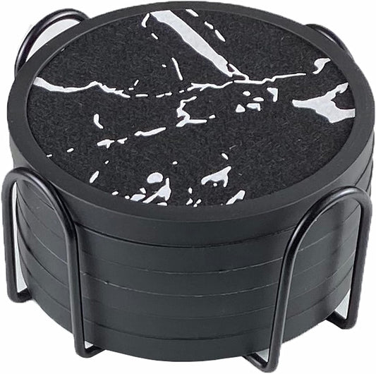 Absorbent Coasters for Drinks with Holder - 6packs, Silicone Coaster with Soft Felt Insert (4.5 inch Holder, Marble Pattern)