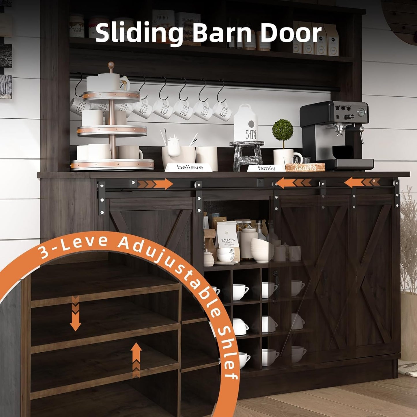 4ever2buy Farmhouse Coffee Bar Cabinet with Storage Hutch, 55“ Wine Bar with 12 Wine Racks and 8 Hooks, Coffee Station with 4 Open Shelves and Sliding Barn Doors for Kitchen, Dining Room, Dark Oak