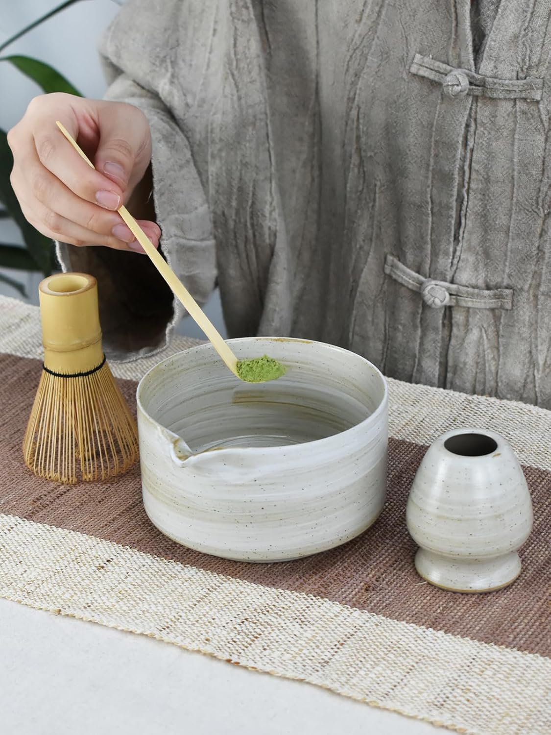 Artcome Matcha Bowl Set with Spout – Handmade Ceramic Chawan, Bamboo Whisk, Whisk Holder, Tea Scoop, and Matcha Manual – Japanese Tea Ceremony Set