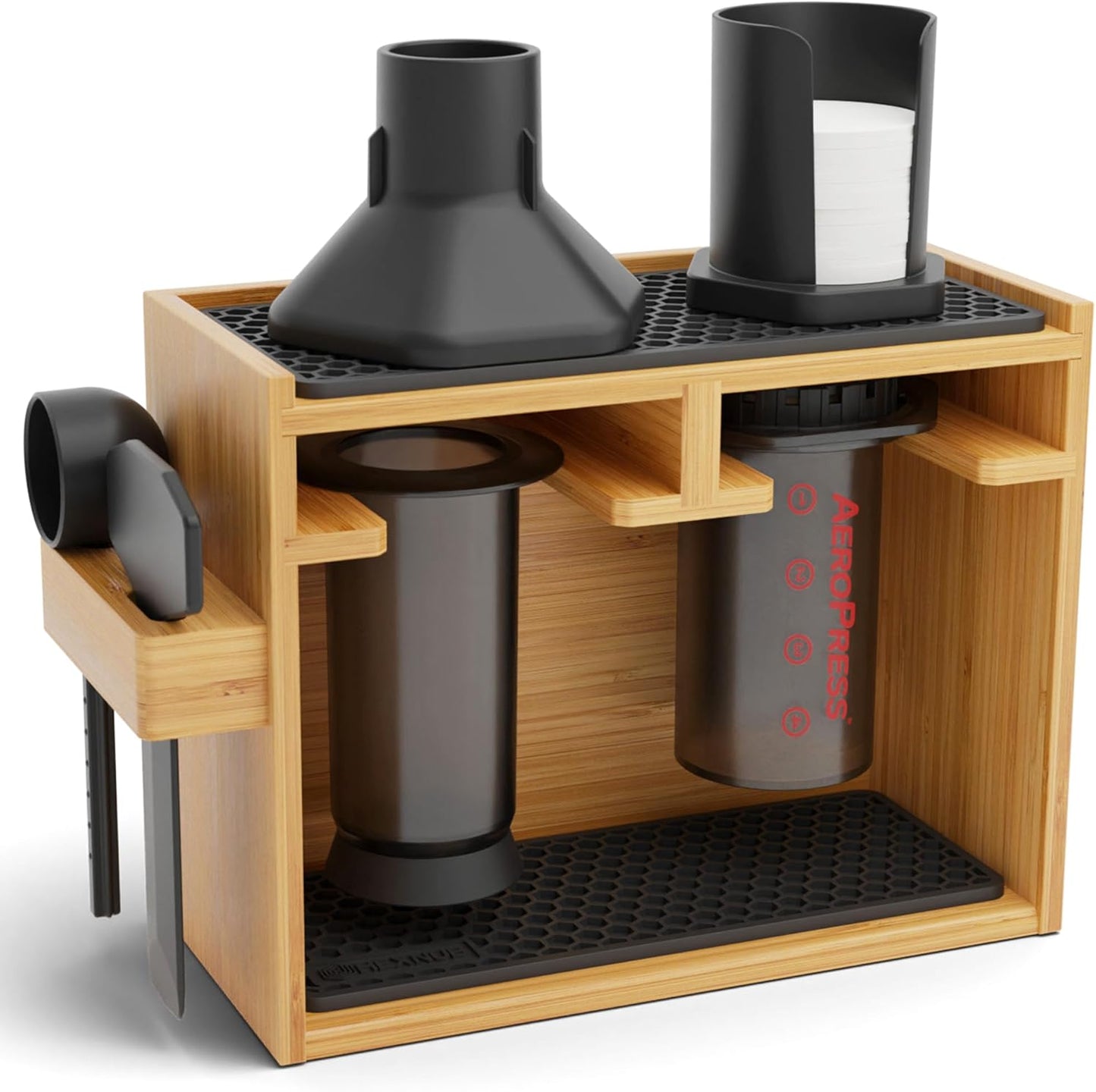 HEXNUB – Bamboo Organizer for AeroPress, Coffee Caddy Station Holds AeroPress Coffee Maker, Accessories, Filters, Cups, Stand includes Dripper Mats (Black)
