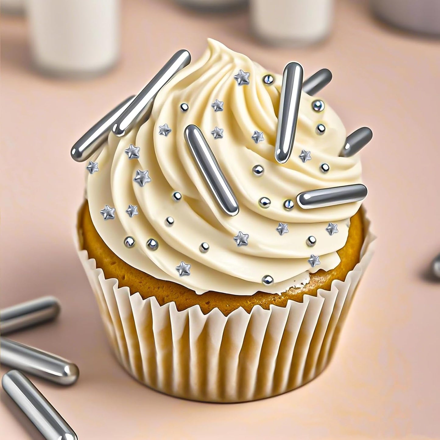 Twisweet Silver Pearl Rods Star Sprinkles, Edible Sugar Sprinkles for Cake Decorating, Mix Size Candy Pearls for Baking Cake Topper Ice Cream Cupcake Cookie Dessert Decorations, Wedding Valentines Birthday Christmas Easter Supplies (130g/4.58oz)