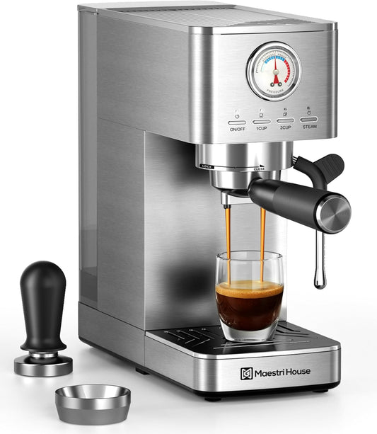 Maestri House Espresso Machine, 20 Bar ULKA Pump, Compact Espresso Maker Built-in Flow Meter Steam Milk Frother, Stainless Steel Coffee Machine for Cappuccino, Latte (Silver)