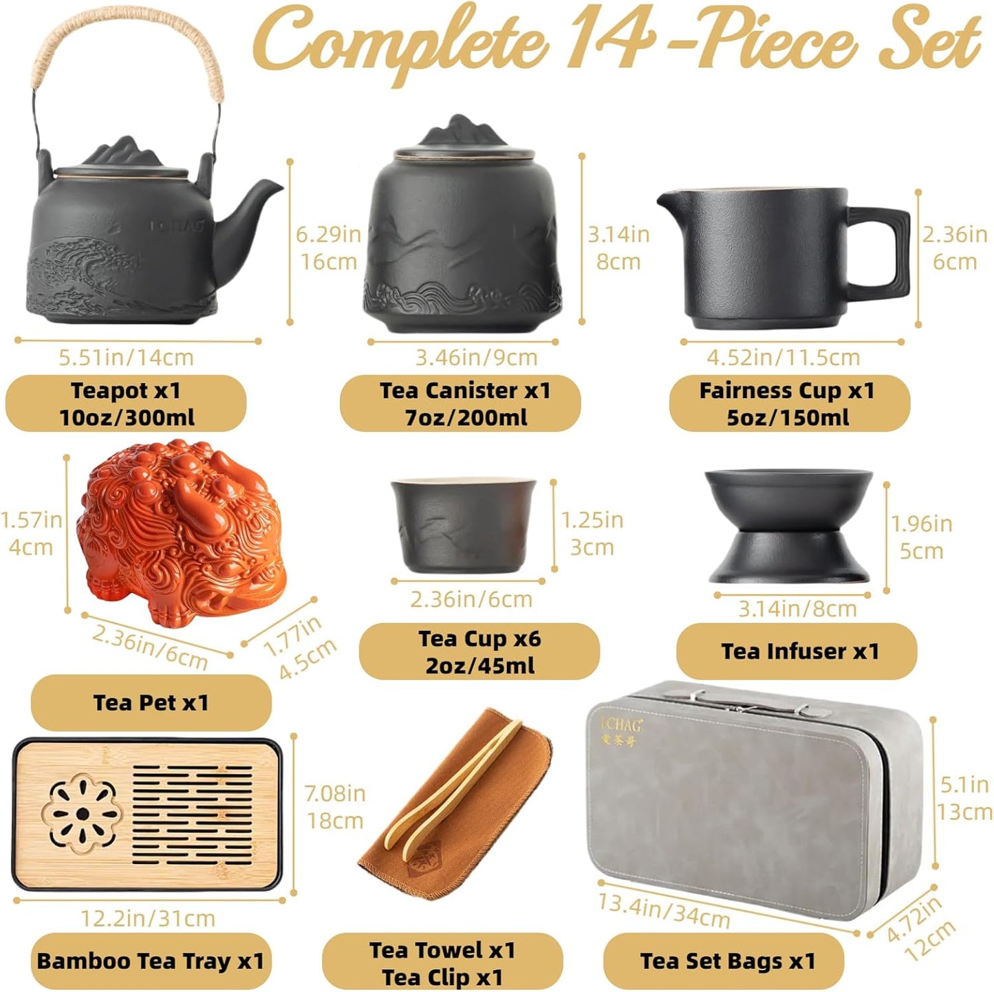 ICHAG Chinese Tea Set, Japanese Tea Sets for Adults, 15-Piece Porcelain Gongfu Tea Set with Tea Pet & Tea Tray, Japanese Teapot Set, Travel Tea Party Set, for Home/Office/Outdoor/Gifts (Black)