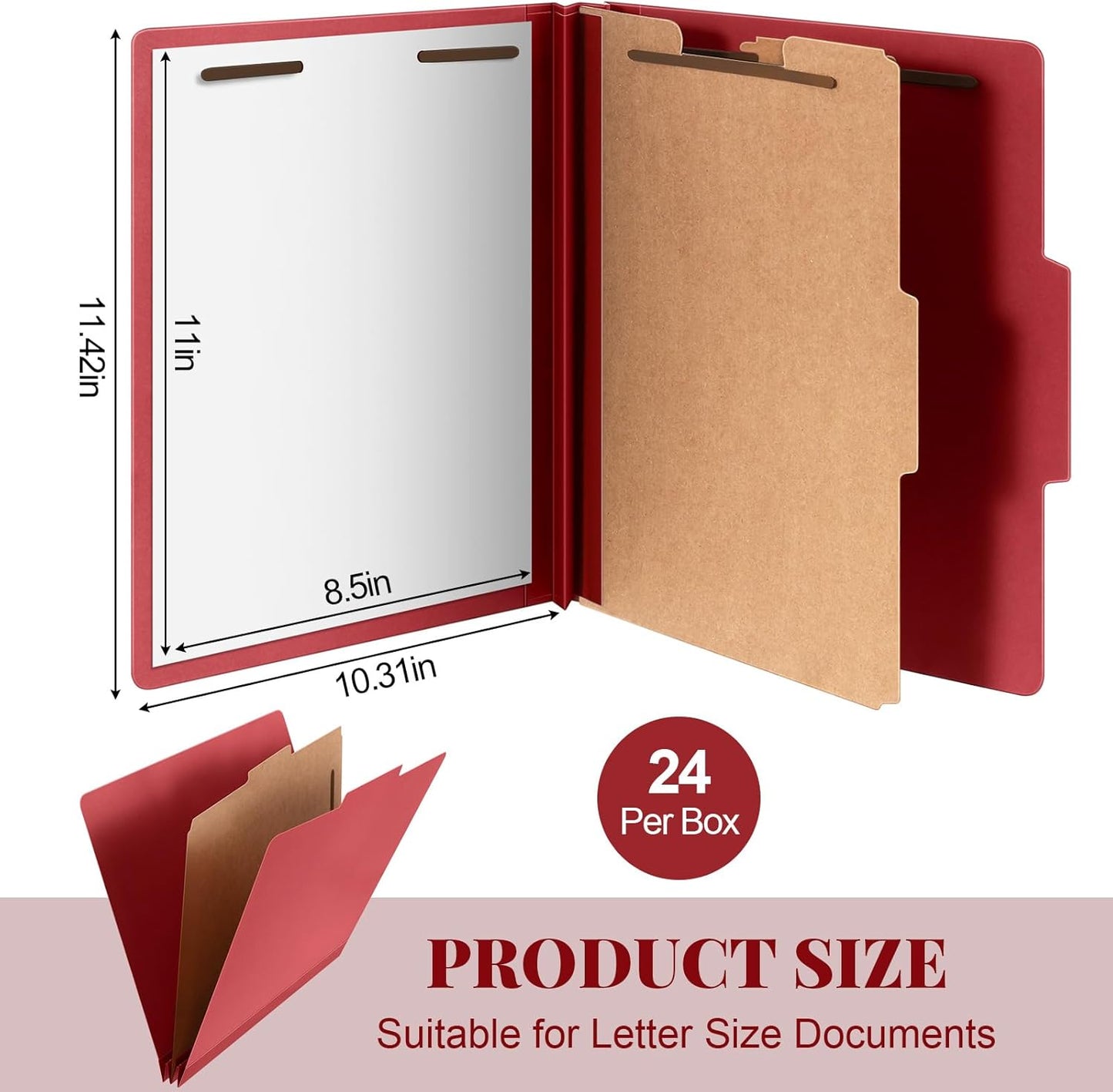 24 Pcs Classification Folders Letter Size, Back to School Supply for Teacher, Student, 1 Divider Pressboard File Folder Bulk with 2 Fasteners, 3.5 Inch Expanding File Organizer (Red)