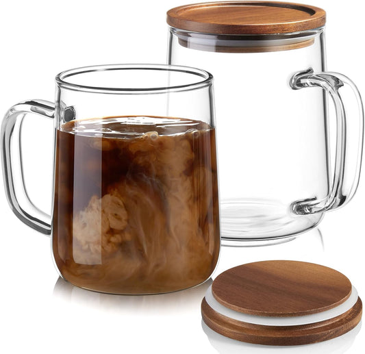 Glass Coffee Mugs, 14 oz Glass Coffee Cups with Acacia Wood Lids, Clear Borosilicate Glass Mugs with Handles for Cappuccino, Tea, Latte, Hot/Cold Beverages, Wine, Americano, Set of 2