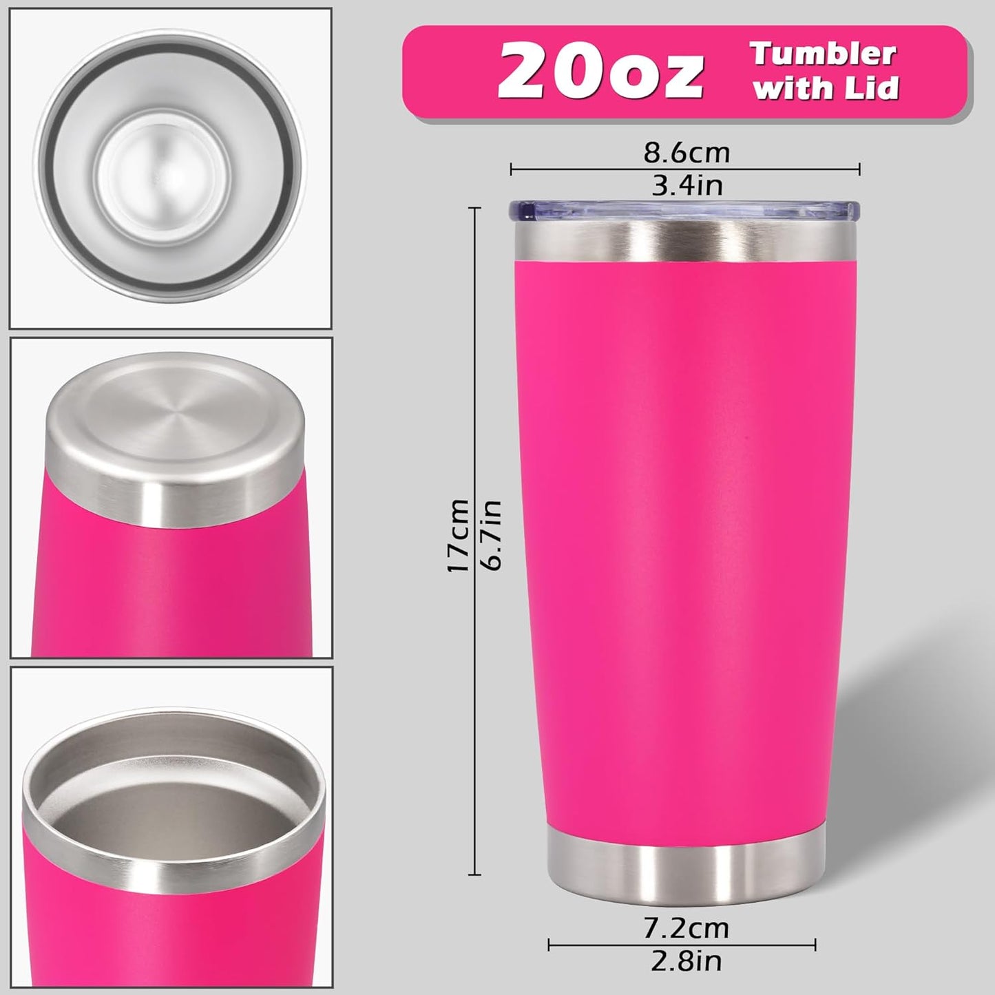 20oz Tumbler Bulk Stainless Steel Tumblers with Lid Vacuum Insulated Double Wall Travel Coffee Mug Powder Coated Tumbler Cup for Hot and Cold Drinks(Hot Pink, 1 pack)