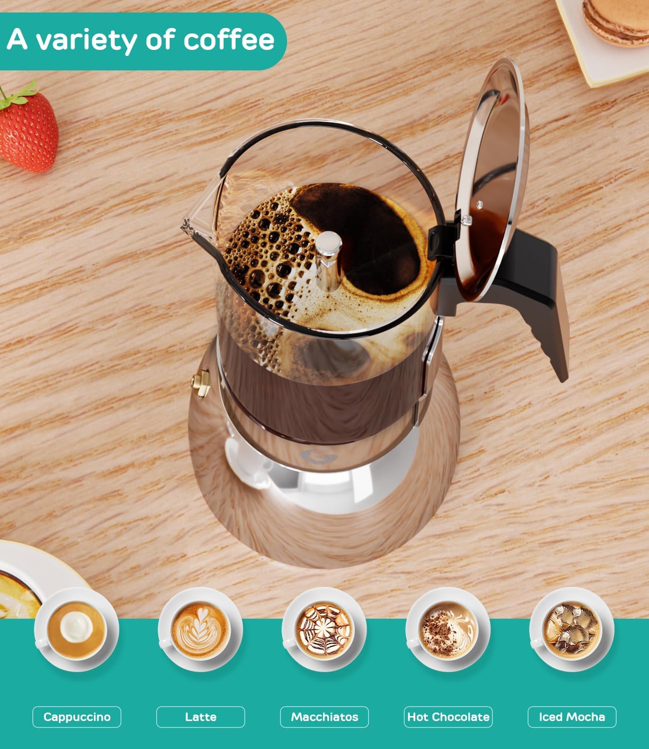 Coffee Gator 9 Cup Moka Pot, 15oz Stovetop Espresso Maker for Italian Coffee, Transparent Glass & Stainless Steel Design, Silver, 450ml