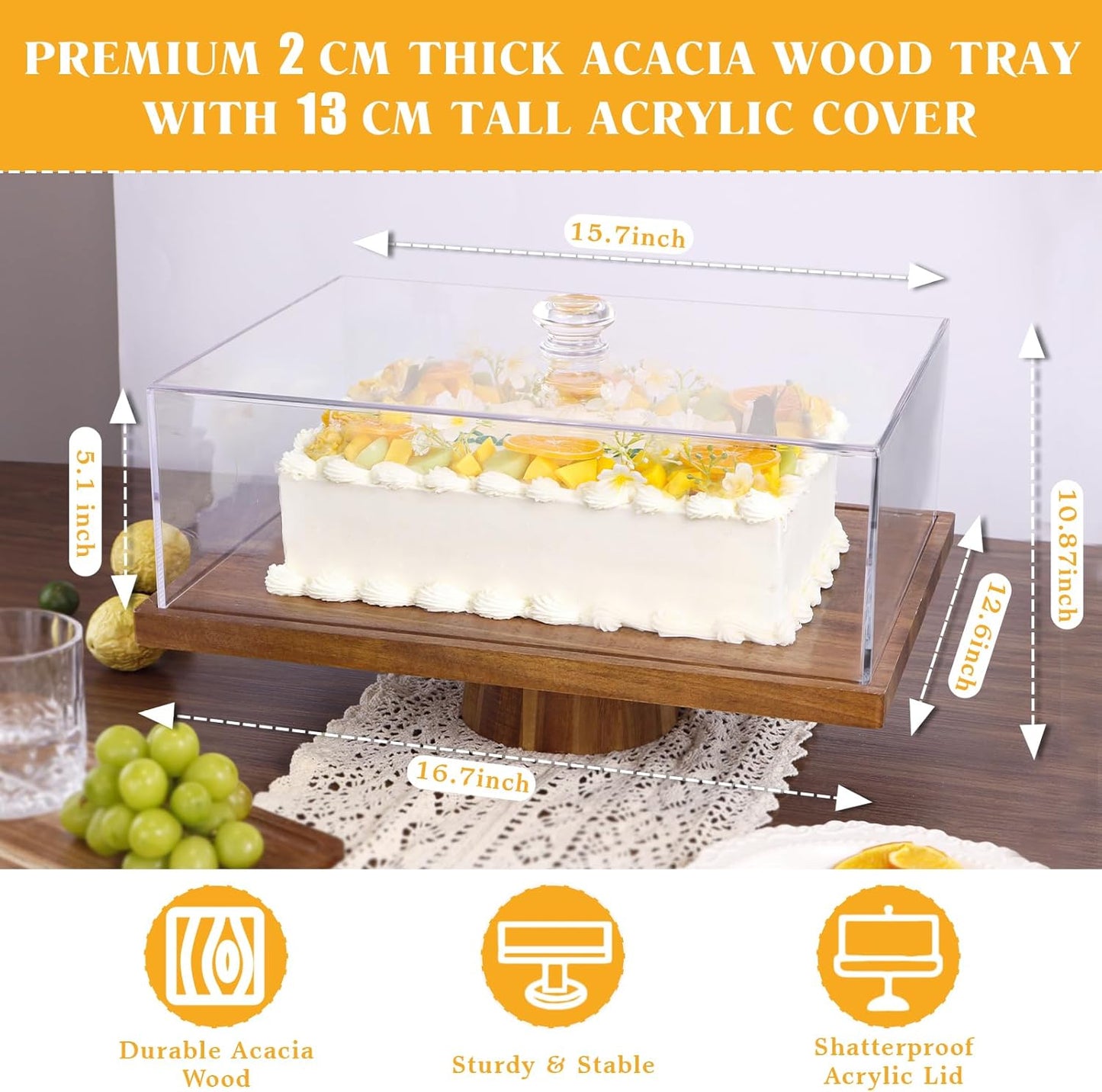 Acacia Wood Cake Stand with Lid - 17" Rectangular 2-in-1 Serving Board & Dessert Display, Shatterproof Acrylic Cake Dome Cover(5.1" high), Charcuterie Platter for Cheese, Fruit, Appetizers (17 inch)