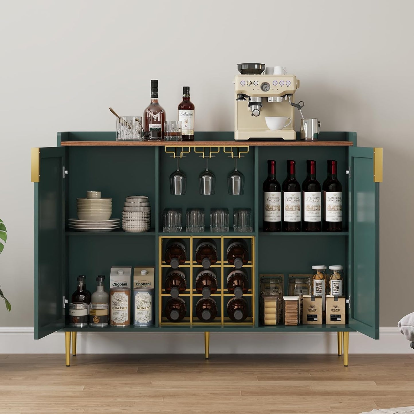ARTPOWER 48" Wine Bar Cabinet with Fluted Texture, Modern Buffet Sideboard with Wine Rack and Glass Holder, Liquor Coffee Station with Storage for Kitchen, Living Room, Home Bar, Green