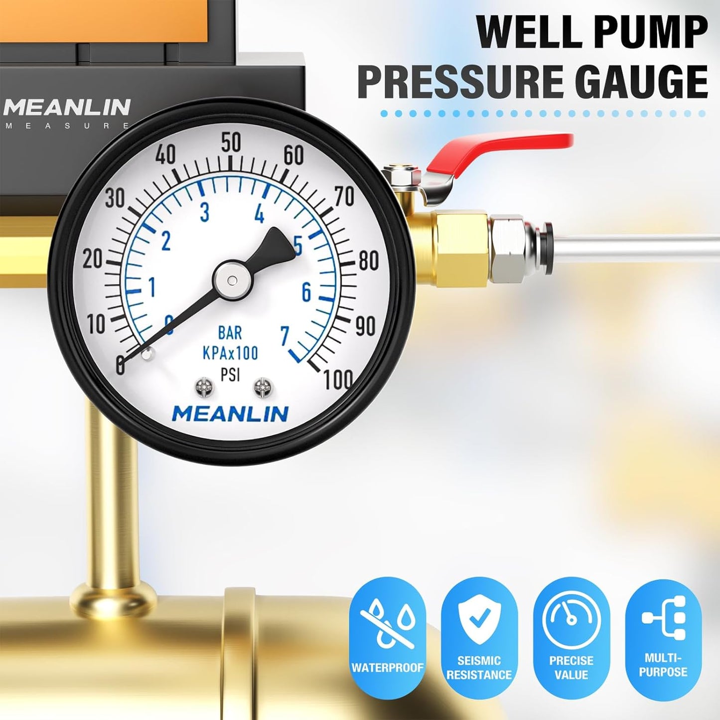 MEANLIN MEASURE 0-100Psi 2" DIAL FACE 1/8" NPT Well Pump Pressure Gauge, with 1/4" NPT and 3/8" NPT Hex Bushing, 3-2-3% Accuracy, Center Back Mount