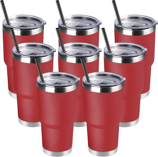 DOMICARE 30oz Tumbler Bulk with Lid and Straw, Double Wall Travel Coffee Mug, Insulated Vacuum Stainless Steel Tumblers, Powder Coated Tumbler Cup (Red, 8)