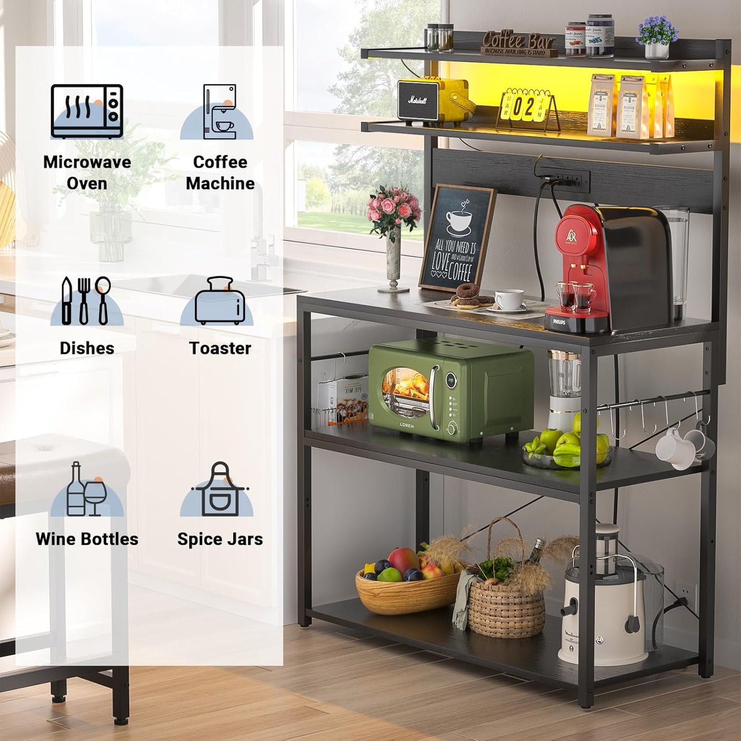 Aheaplus Bakers Rack with Power Outlet, Microwave Stand, 5 Tiers Coffee Bar Station with Led Lights, Kitchen Storage Shelf with 6 S-Shaped Hooks, Kitchen Rack Coffee Bar Stand, Black