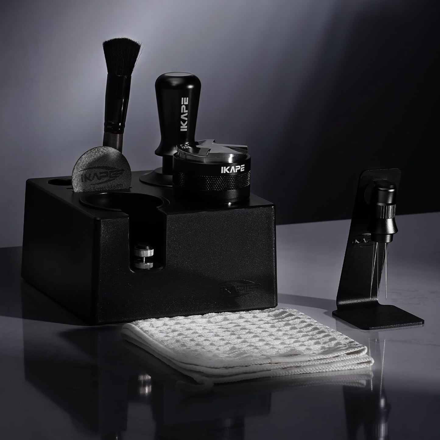 IKAPE 53MM Black Espresso Tool Set 8 IN 1, Coffee Tamper, Distributor, Magnetic Funnel, Puck Screen, Tamper Station, Stirrer Distribution Tool, Cleaning Towel and Brush