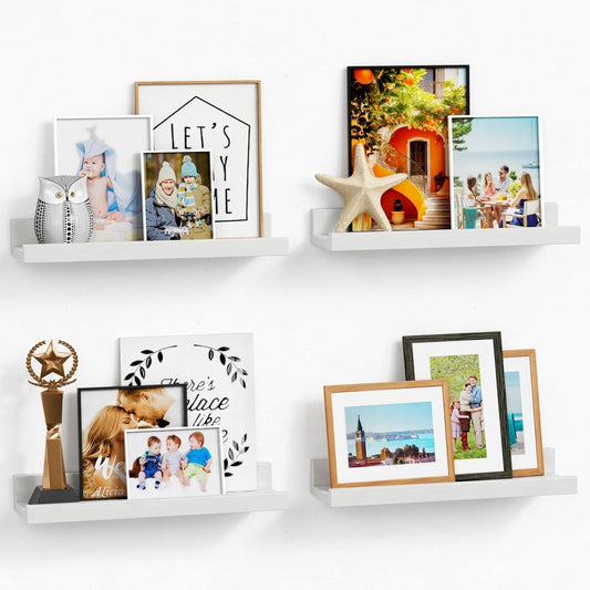 Forbena White Picture Ledge Shelf, Floating Shelves with Lip for Bedroom Books, Corner Nursery Book Shelves Wall Mounted for Small Spaces Office Baby Child Kids Room Art Decor (4-Pack, Real Wood)