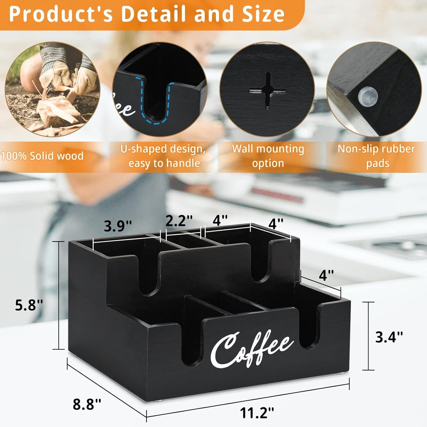 Disposable Coffee Cup Dispenser Lid Holder for Counter, Wood 6 Compartments Coffee Station Organizer for Cup Lid Sleeve Pods Condiment, Paper Cup Dispenser Coffee Bar Accessories Storage Organizer