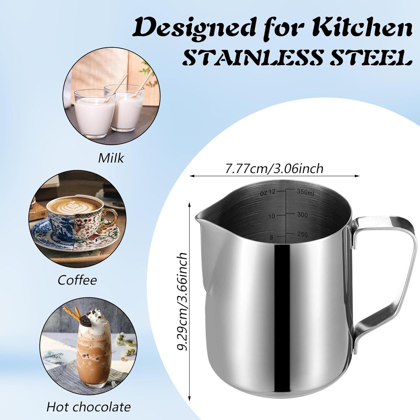 4 Pcs Milk Frothing Pitcher Espresso Steaming Pitchers 12 Oz Stainless Steel Milk Steamer Cup Frother Jug for Espresso, Latte Art, Chai Cappuccino Hot Chocolate