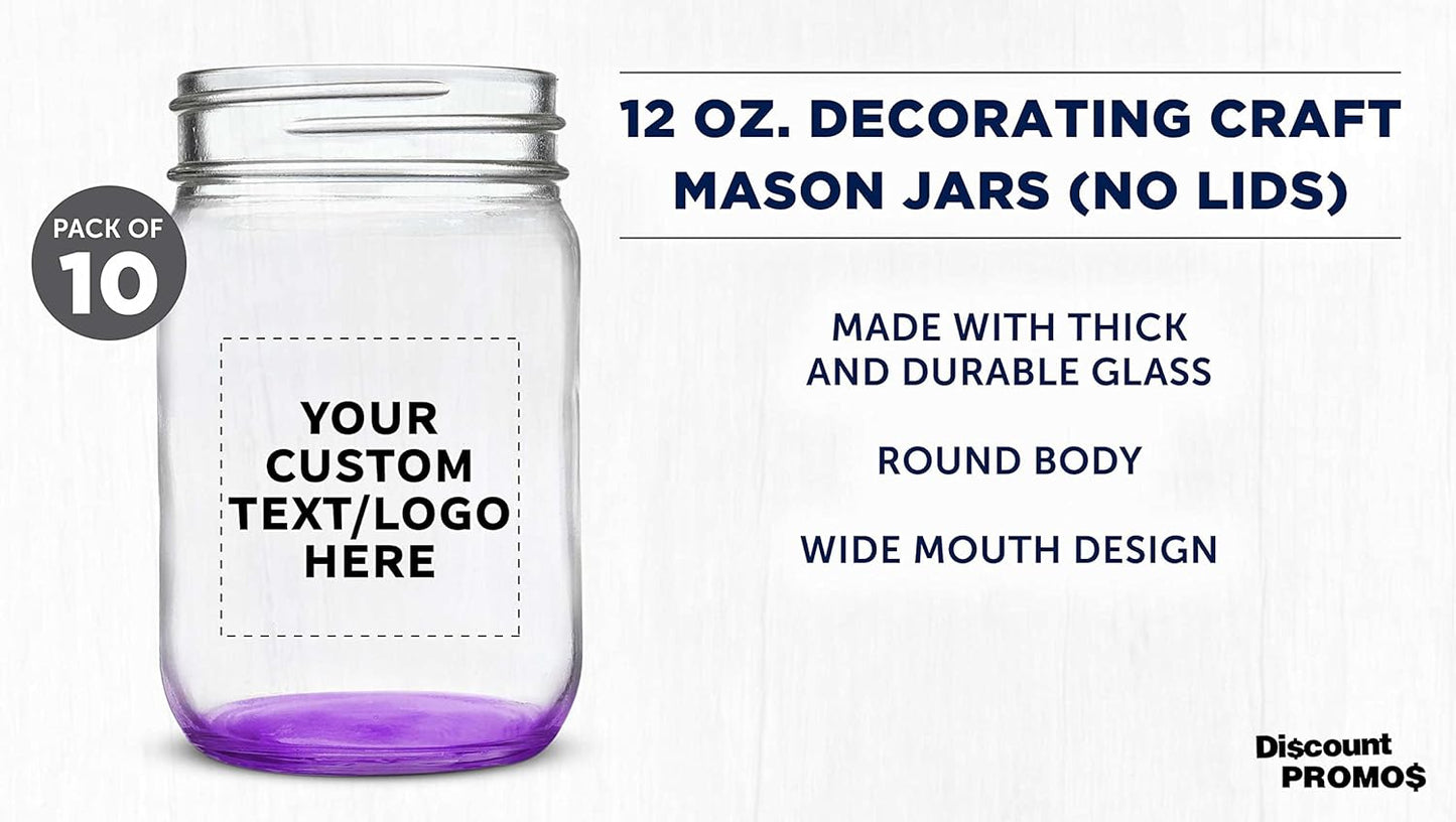DISCOUNT PROMOS Custom Decorating Mason Jars 12 oz. Set of 10, Personalized Bulk Pack - Glass Jars for Overnight Oats, Candies, Fruits, Pickles, Spices, Beverages - Purple