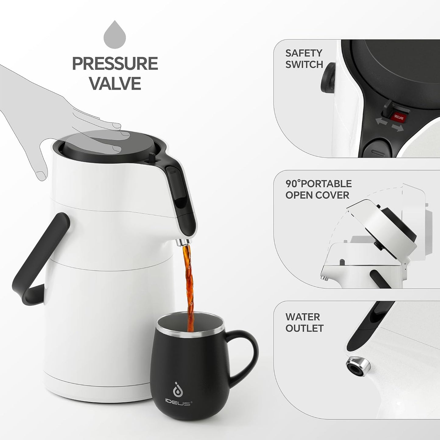 IDEUS Thermal Coffee Carafe 74oz (2,200ml), Stainless Steel Double Wall Insulated Vacuum Flask, Water Jug Coffee Server and Beverage Dispenser, Heat and Cold Retention (White, 74oz (2,200ml))