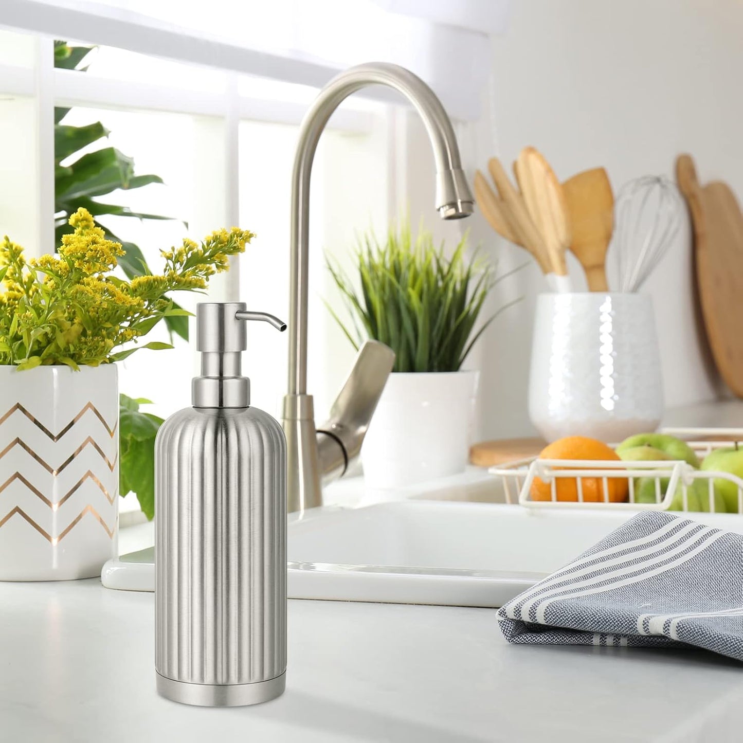 Countertop Soap Dispenser - Rust-Proof Roman Column Shaped Stainless Steel Bottle with Pump for Bathroom and Kitchen - 18 oz Brushed Nickel Liquid and Lotion Dish Soap Dispenser