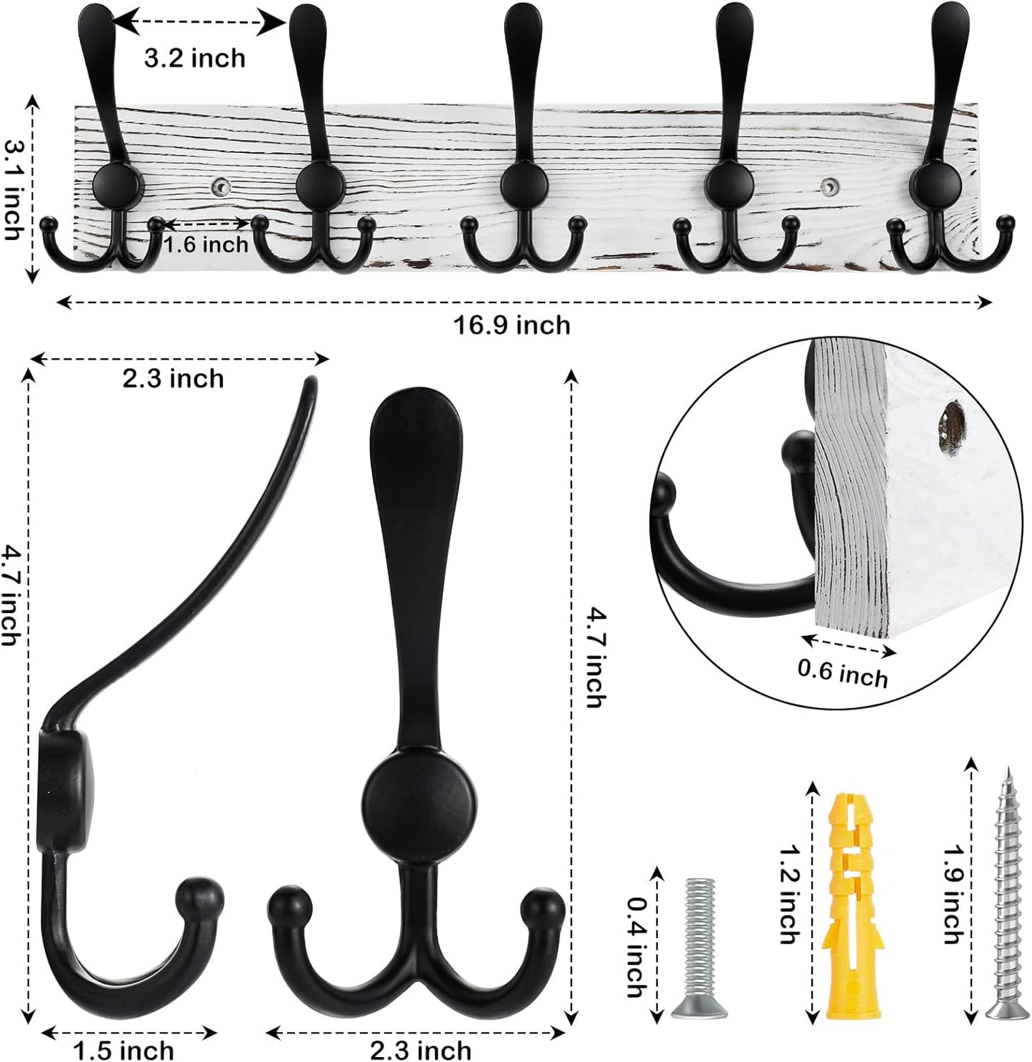 2pcs Coat Rack Wall Mount Wooden Hat Rack for Wall Hooks Pine Real Wood Plank 16.9" Old White Coat Hanger with 5 Black Triple Hooks for Hanging Coat Hat Jacket