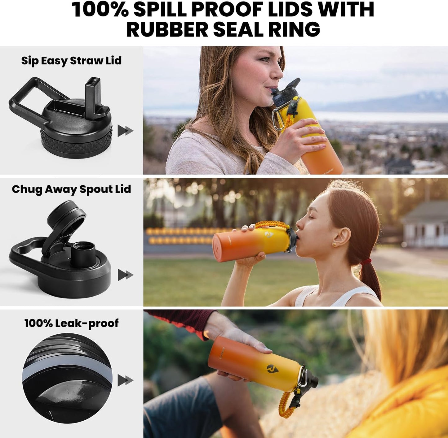 Insulated Water Bottle 40 oz, Triple Wall Vacuum Stainless Steel (Cold for 48 Hrs), Leak Proof & Non-BPA, Modern Water Flask Jug with Paracord Handle & Straw Spout Lids, Ombre Orange