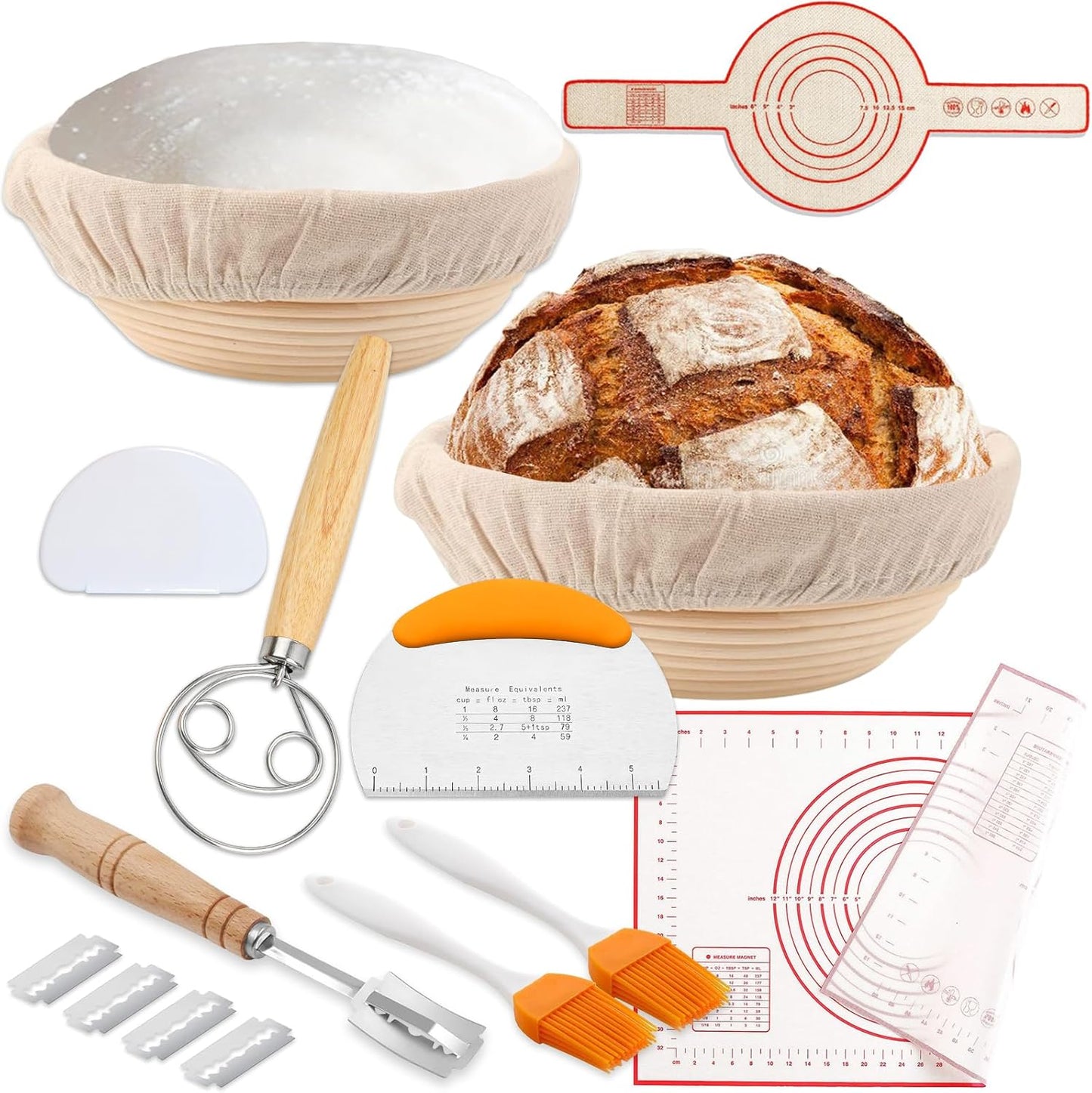 2PCS 9Inch Round Banneton Bread Proofing Basket Sets,Sourdough Bread Baking Supplies with Linen Liners,Silicone Bread Sling,Danish Whisk,Scoring Cutter,Dough Scraper