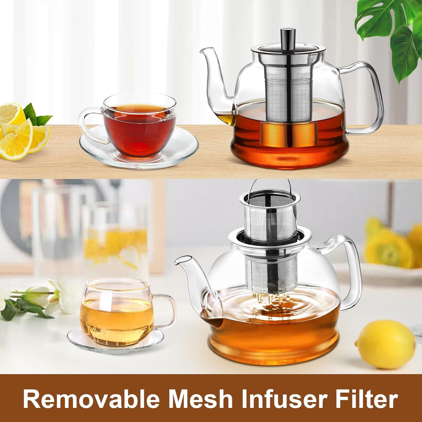 Glass Teapot 1600ml (54oz) - Borosilicate Glass Tea Kettle with Removable Stainless Steel Infuser, Stovetop Safe Heat-Resistant Tea Maker for Blooming and Loose Leaf Tea (1600ml)