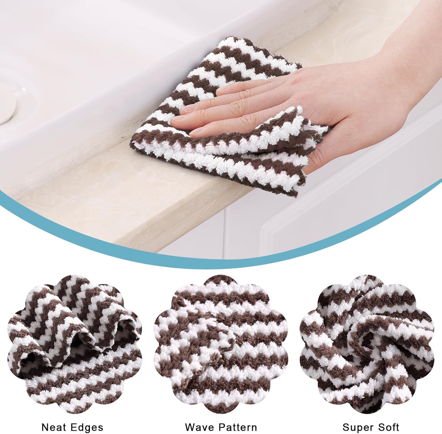 Homaxy 18 Pack Kitchen Dish Cloths, Ultra Soft and Absorbent Dish Towels, Reusable Fast Drying Microfiber Cleaning Cloth, Coral Velvet Wave Design Lint Free, 10 x 10 inches, Brown