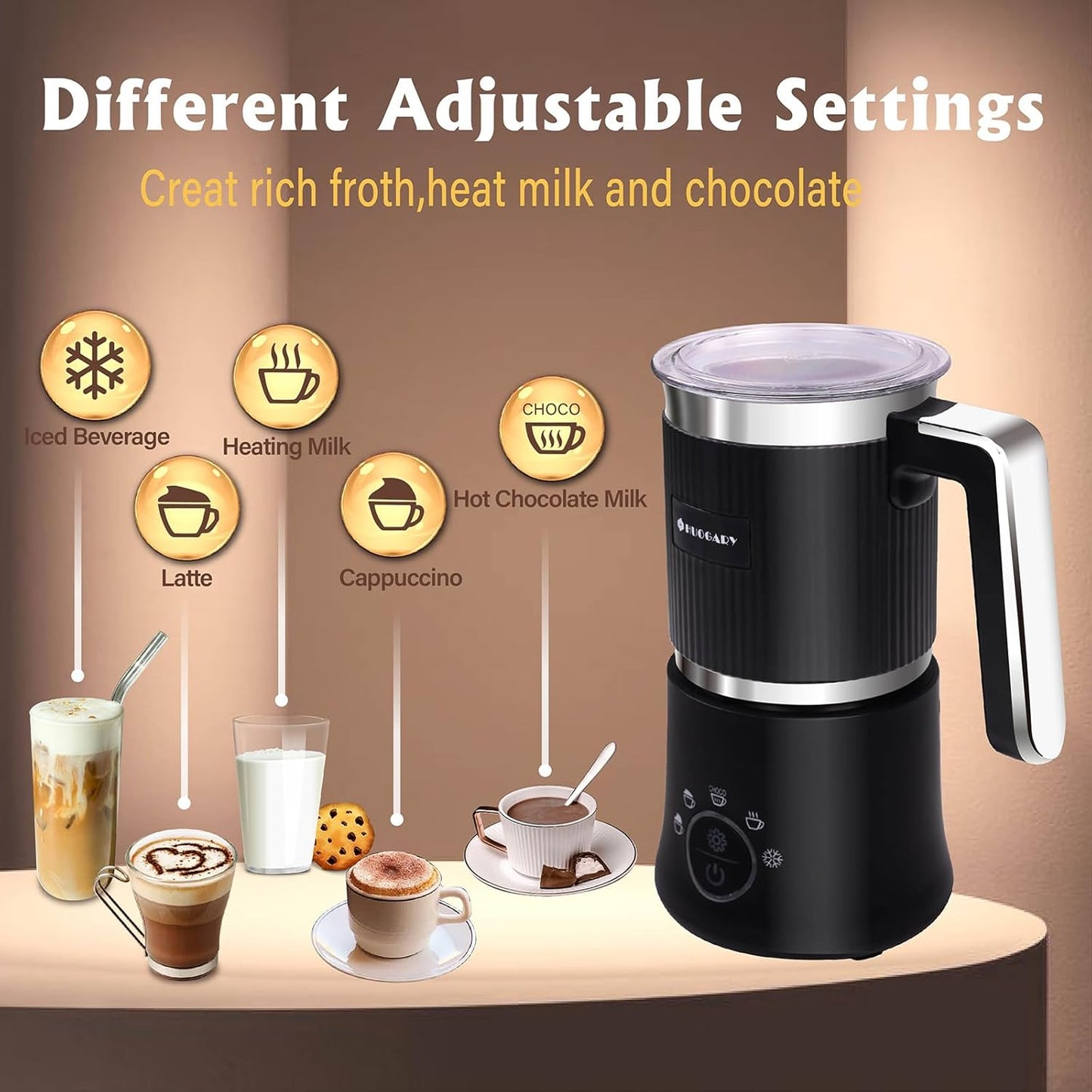 Huogary 5-in-1 Detachable Milk Frother Electric Milk Frother and Steamer Automatic Milk Foamer Frother Hot and Cold Foam Hot Chocolate Maker with Dishwasher Safe (Black)