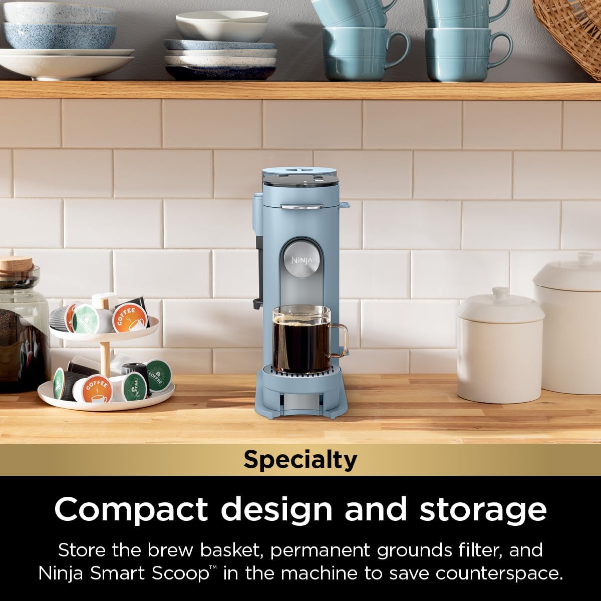 Ninja Pod & Grounds Specialty XL Single-Serve Coffee Maker, K-Cup Pod Compatible, Brews Grounds, Compact Design, Built-In Milk Frother, 68-oz. Reservoir, 6oz. Cup-24oz. Mug Sizes, Denim Blue, PB055ABL