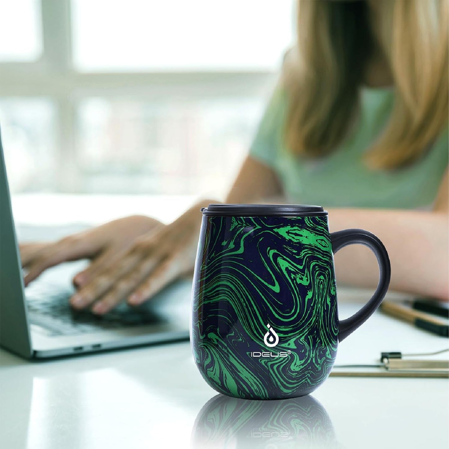 Ideus 16 oz (470 ml) Insulated Coffee Mug with Handle and Lid, Double Wall Stainless Steel Vacuum Thermal Coffee Mug, Travel Coffee Cup Thermal Cup for Home and Office (Green Zebra)