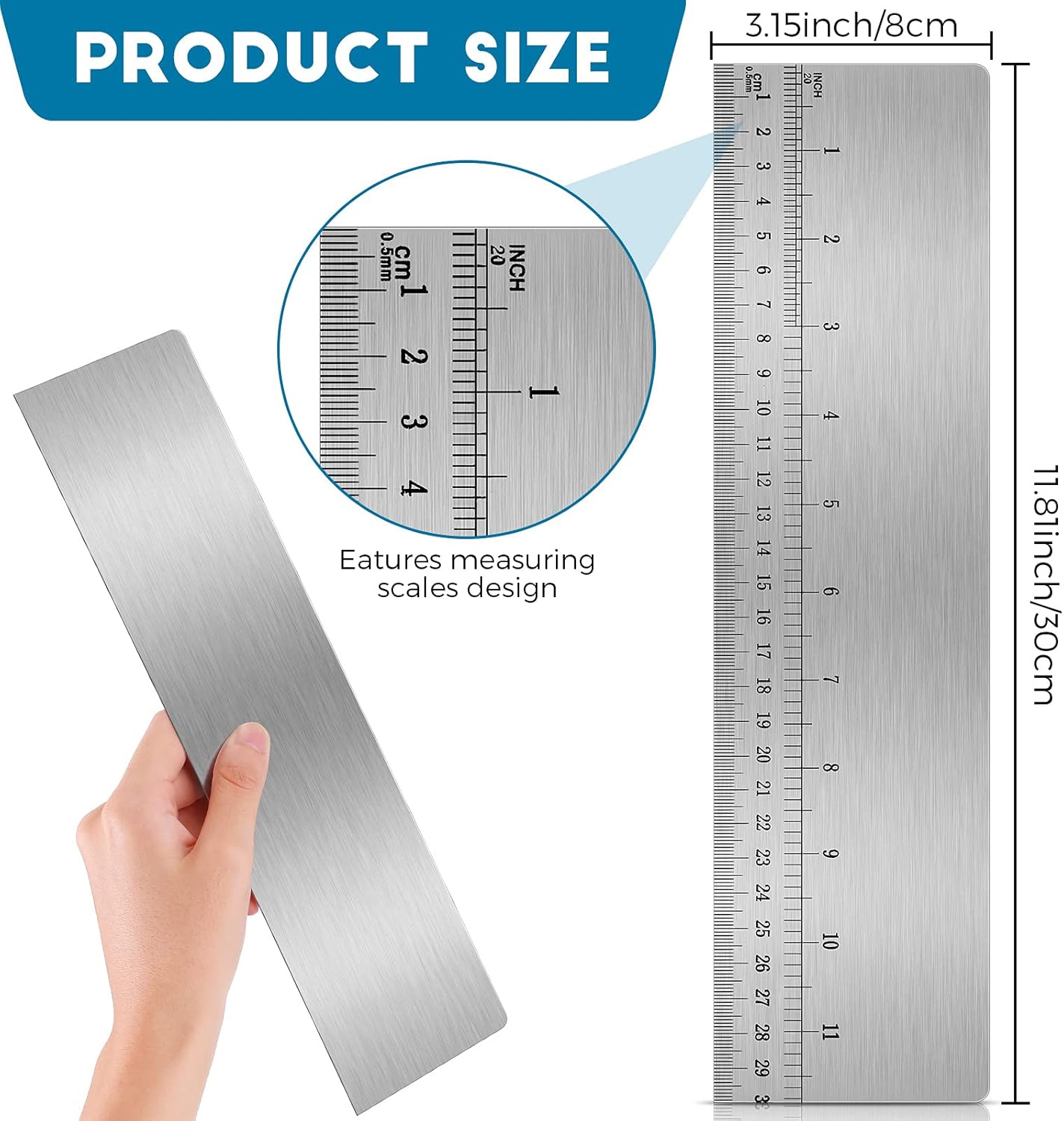 Nuenen 12 Inches Stainless Steel Cake Scraper with Scale Cake Edge Smoother Decorating Comb Baking Scraper Tool for Baking Measuring Buttercream Home Kitchen Accessory