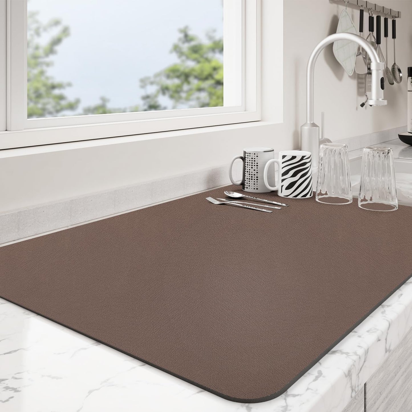 Dish Drying Mat for Kitchen Counter | Coffee Bar Mat for Countertops | Heat Resistant Drainer Mat with Non-slip Rubber Backed | Hide Stain Kitchen Absorbent Draining Mat | Brown 18"x32"