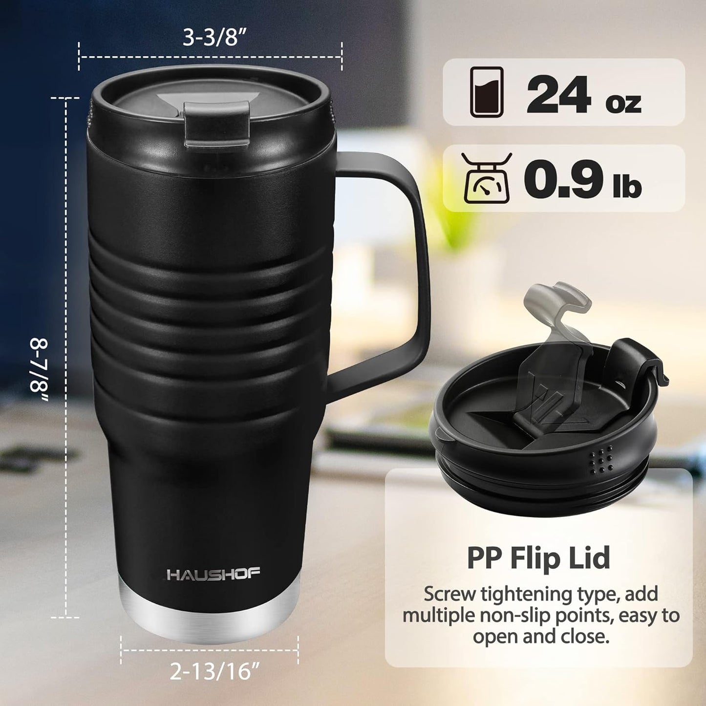 HAUSHOF 24 oz Travel Mug with Handle, Stainless Steel Vacuum Insulated, Double Wall with Leakproof Lid, BPA Free