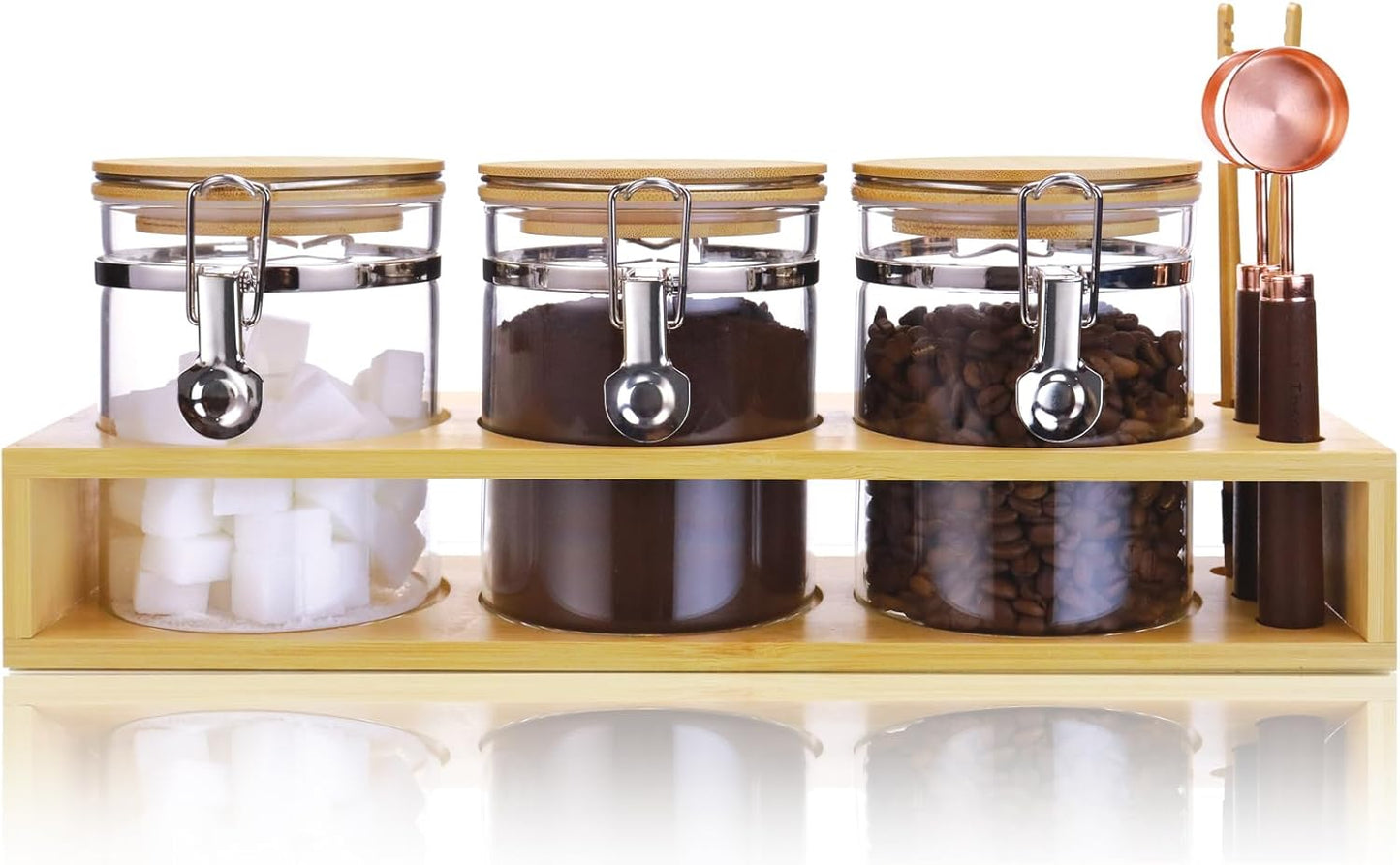 Glass Coffee Sugar Storage Jars with Bamboo Shelf and Spoon for Kitchen Counter,Sealed Glass Containers for Loose Leaf Tea,Coffee Bean,Ground Coffee,Brown Sugar,27 Fluid-oz
