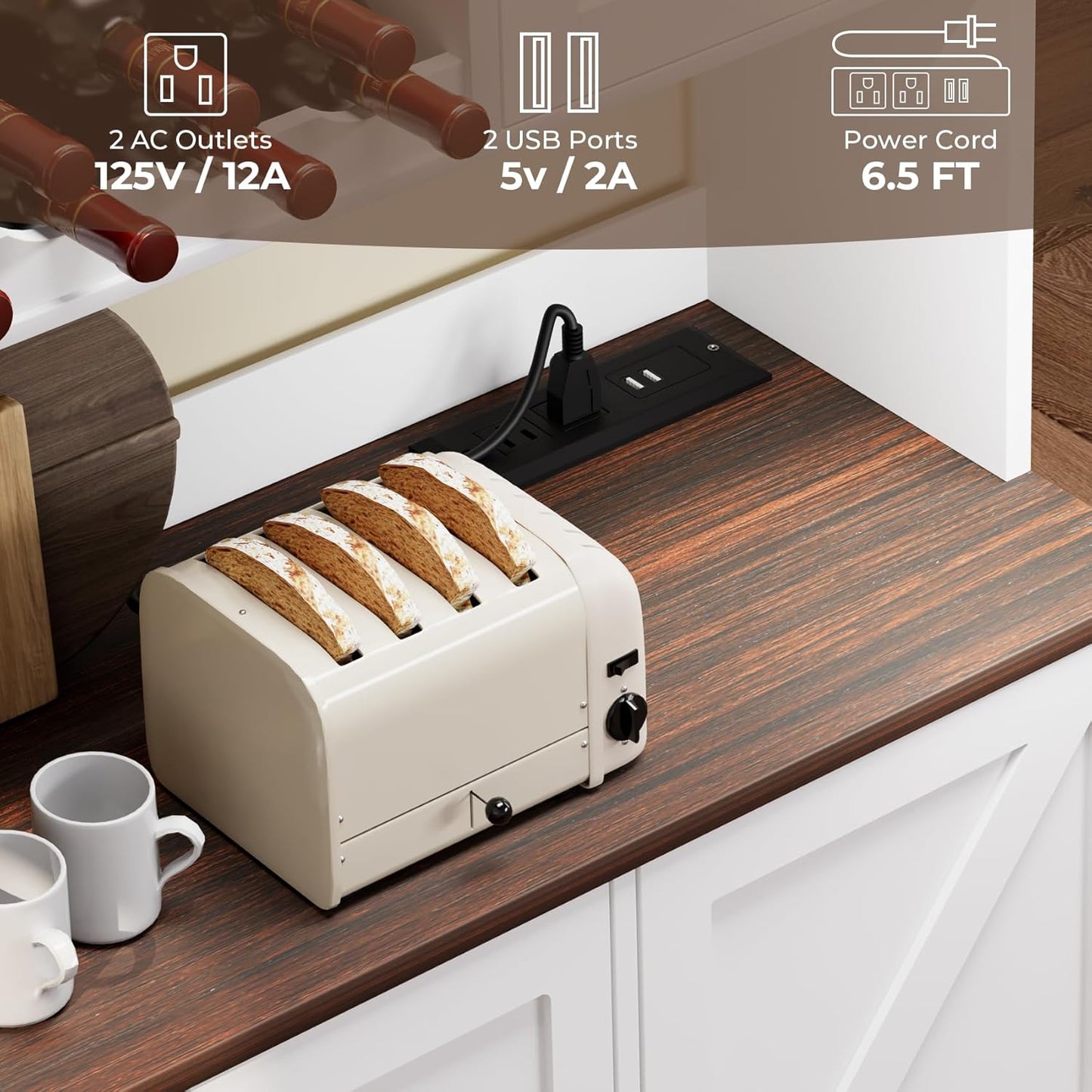 68" Tall Kitchen Pantry Storage Cabinet with Charging Station, 55" Wide Kitchen Hutch Cabinet with Large Countertop, Farmhouse Buffet Cabinet with Wine Holder & Wine Rack for Dining Room, White