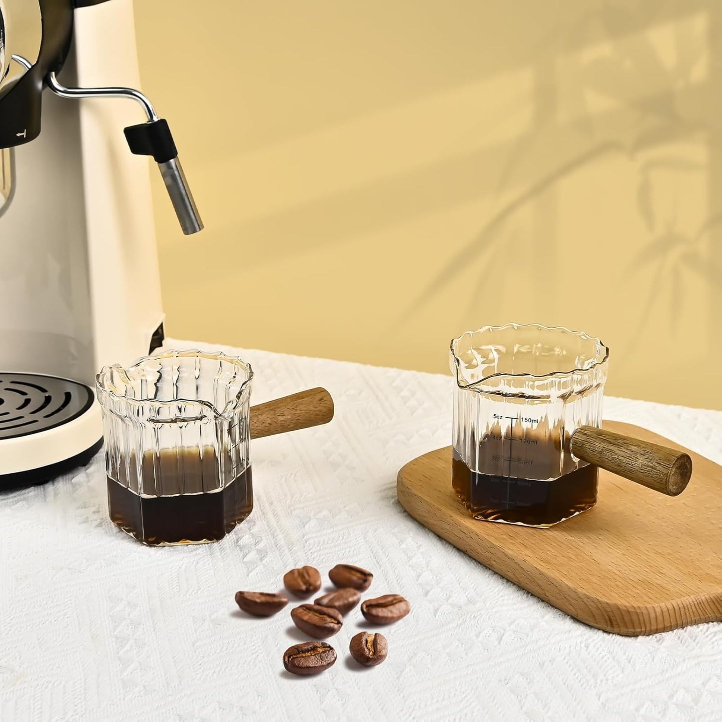 Glass Measuring Cup, 5oz Espresso Shot Glass with Wood Handle, Single Spout Measuring Triple Pitcher Milk Cup for Coffee Tea (Transparent Ribbed)