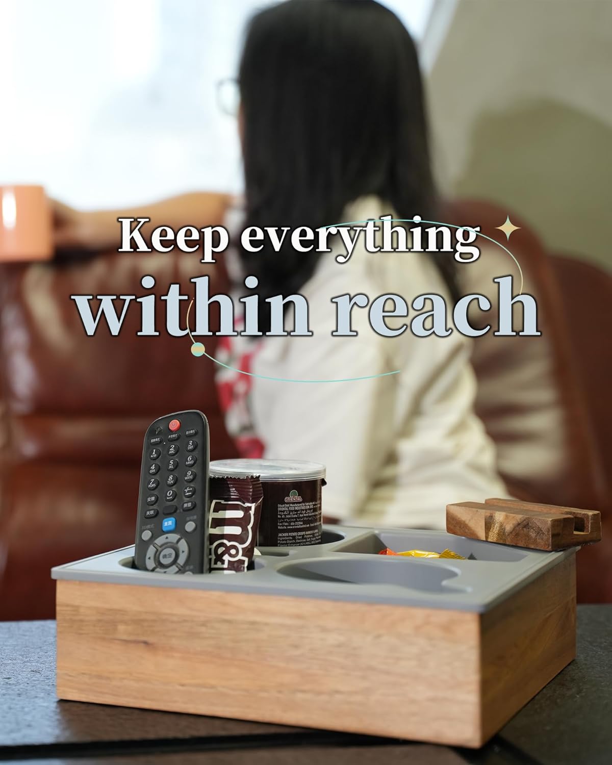 Couch Cup Holder Tray, Handy Soft Silicone Acacia Wooden Couch Caddy for Bed Car Seat Beach Organizer, Waterproof Anti-spill Sofa Cup Holder for Snacks Beverage Remote (Yellow)