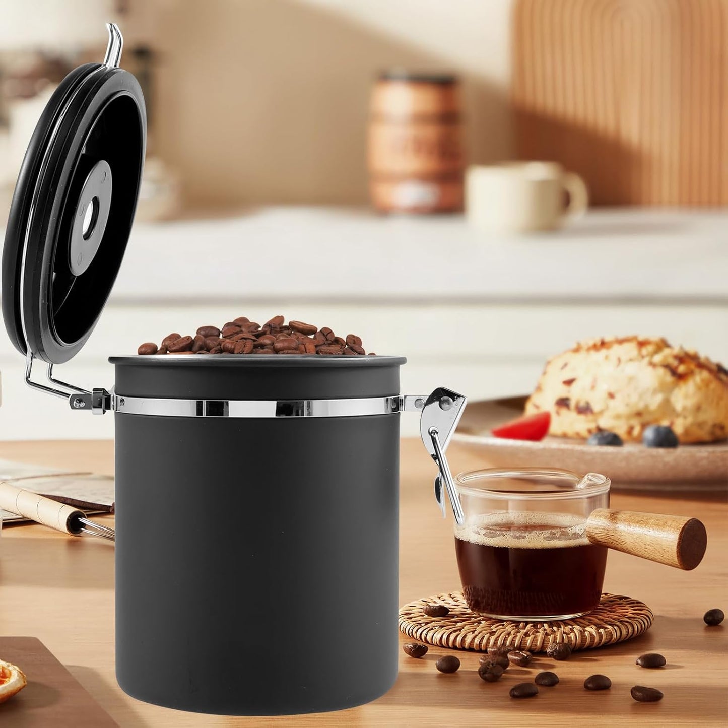 4PCS Coffee Storage Canister 1.5L Double Airtight Coffee Beans Container with Date Locator 304 Stainless Steel Kitchen Food Storage Container with Spoon for Tea Sugar,Black