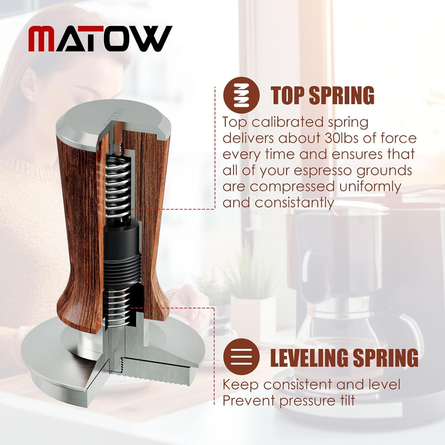 53.3mm Espresso Hand Tamper, MATOW Calibrated Spring Loaded Coffee Tamper with Stainless Steel Ripple Base, 30lbs Espresso Tamper with Red Rosewood Handle Compatible with Breville 54mm Portafilter